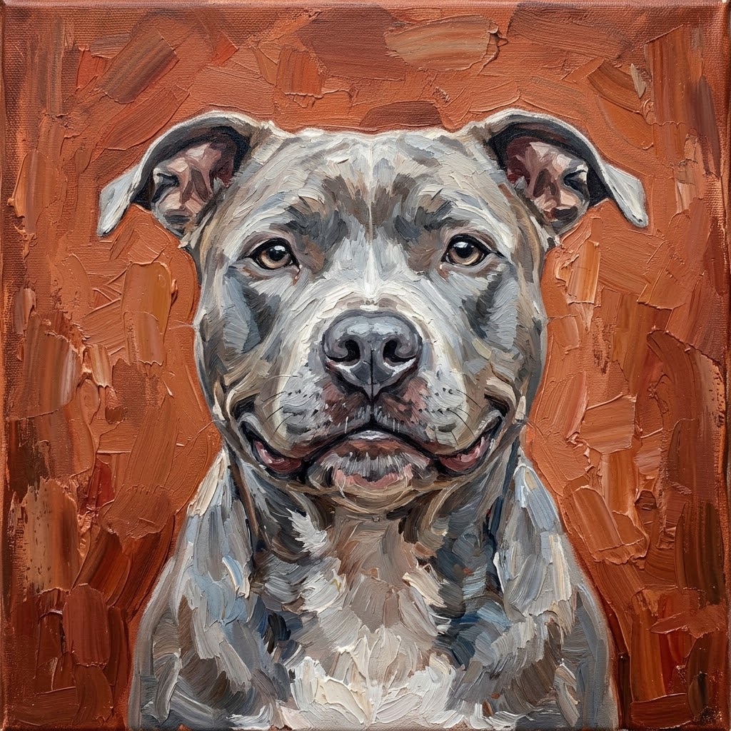 Oil portrait of a grey pit bull
